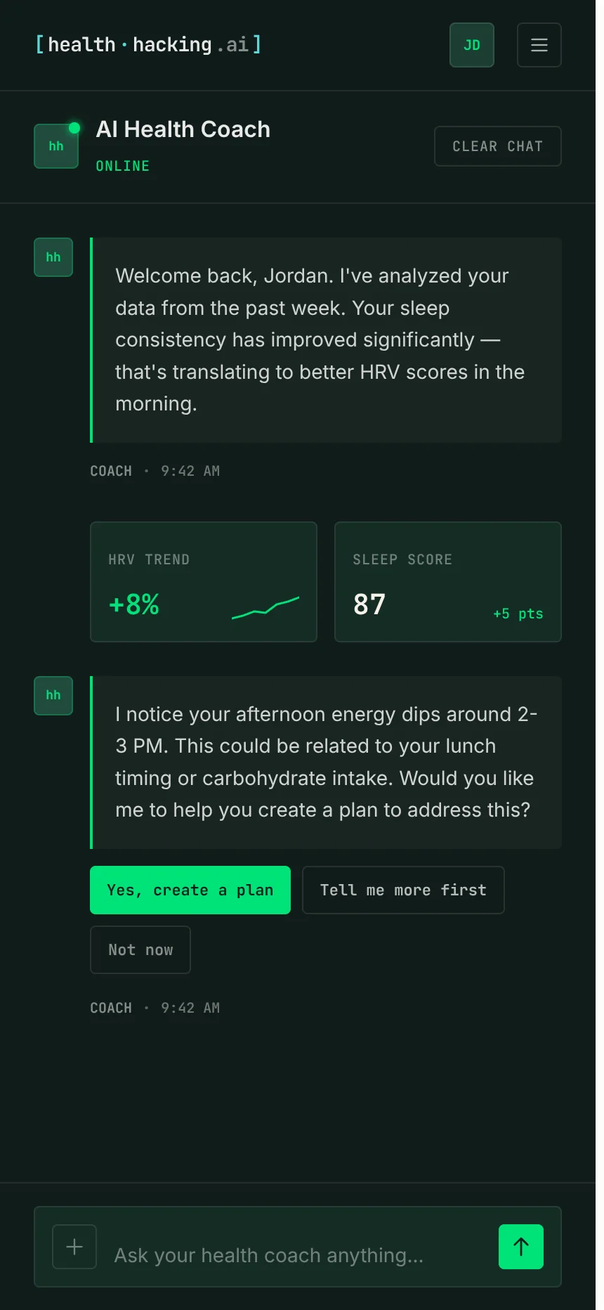 AI health coach conversation with personalized recommendations
