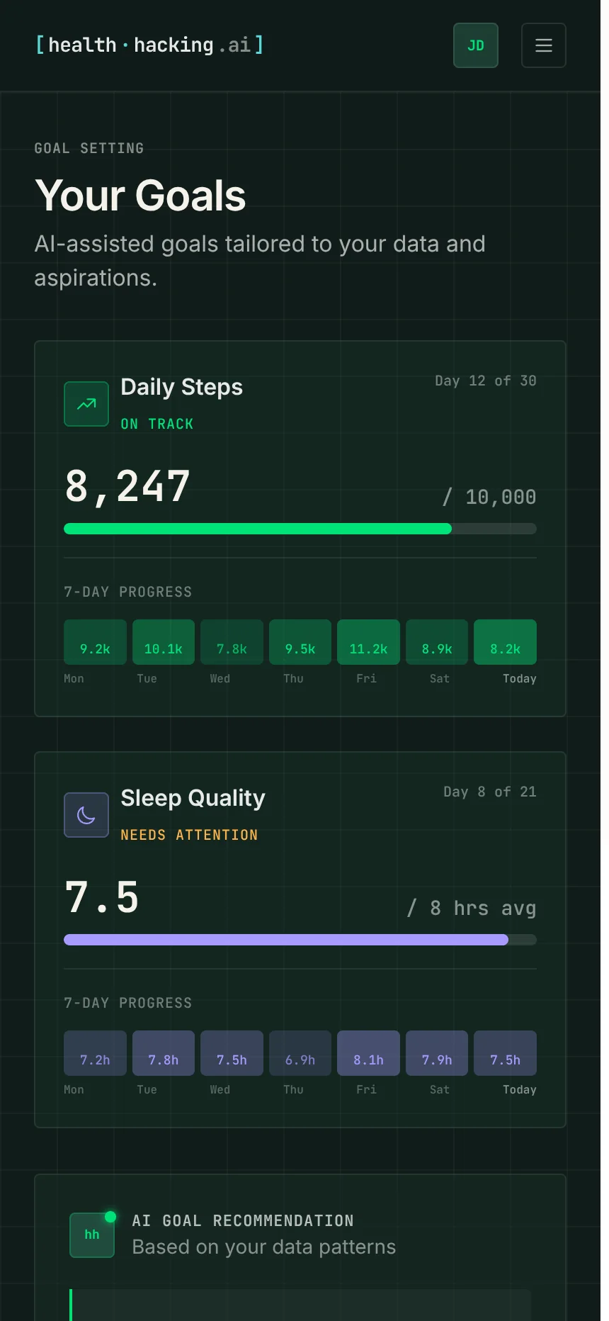 Health settings and data overview dashboard